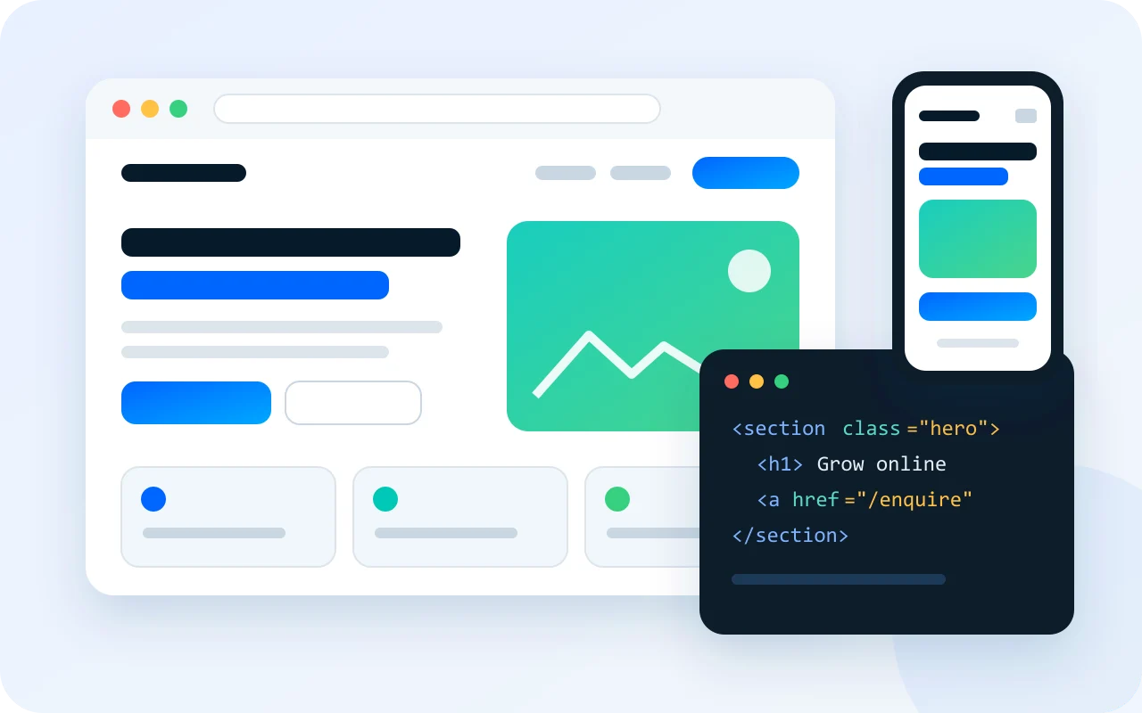 Website development: a responsive website on desktop and mobile with a code editor